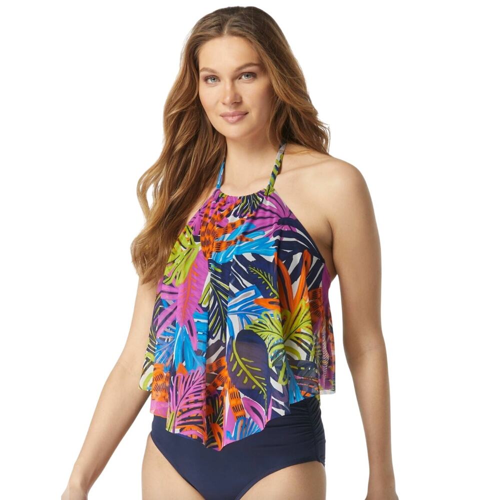 Coco Reef Aura Eclectic Jungle Mesh Ruffle Tankini Top - 34D